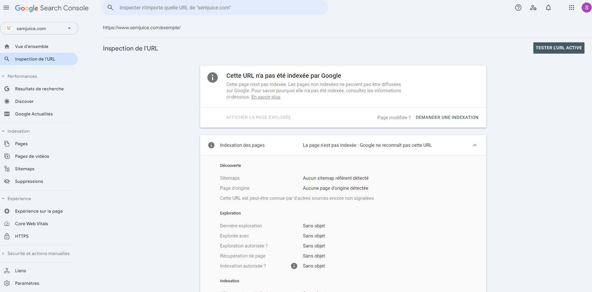 Google Search console - inspecter une URL